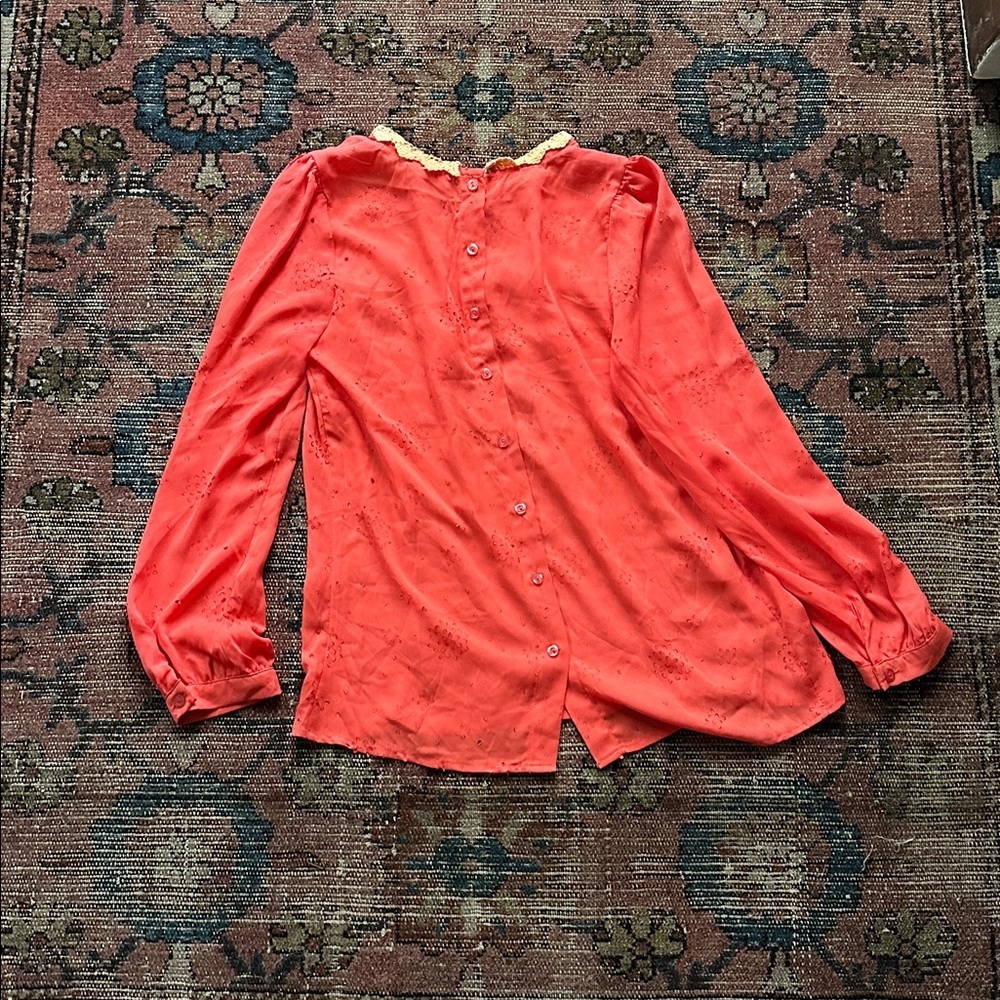 Sz S Esley Coral Blouse with Cotton Lace Orange Trim Button Back 00’s Y2K - Picture 4 of 7